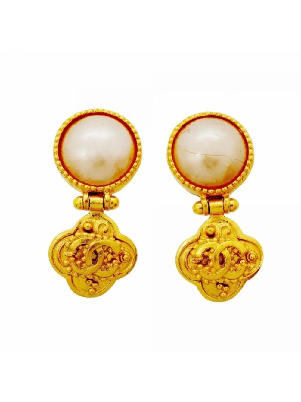 Chanel Earrings Vintage CC Logo Gold Plated Faux Pearl